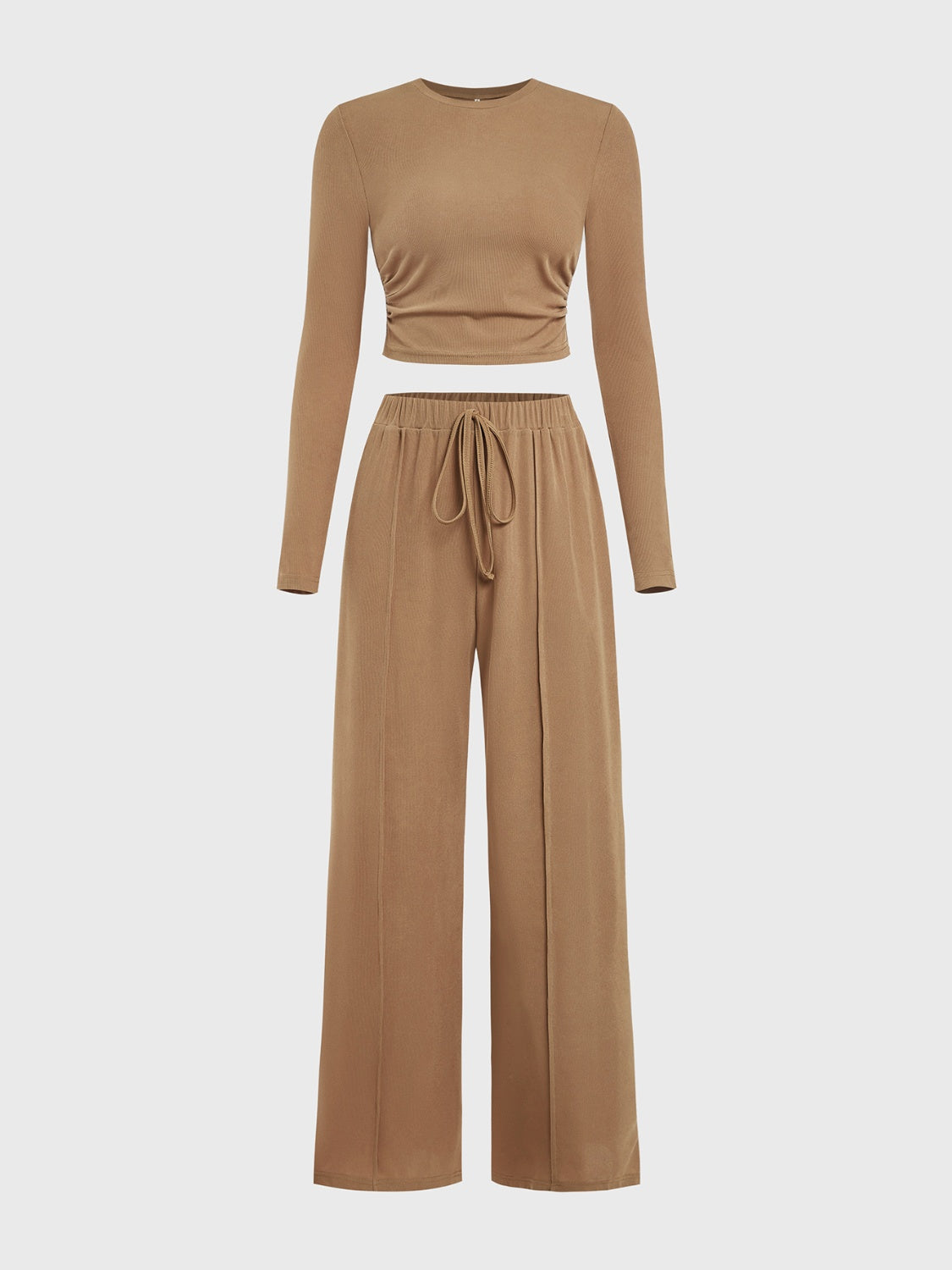 Round Neck Long Sleeve Top and Tied Pants Set Trendsi