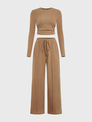 Round Neck Long Sleeve Top and Tied Pants Set Trendsi