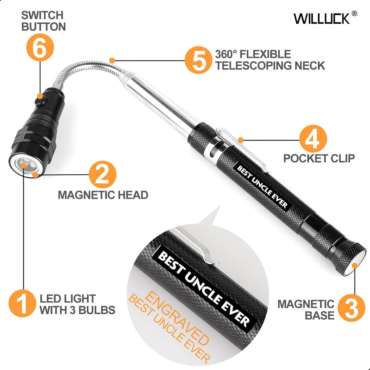 Uncle Gifts - Gifts for Uncle, BEST UNCLE EVER Magnetic Pickup Tool with LED - Uncle Birthday Gifts, Uncle Gifts from Niece Nephew - Christmas Uncle Gifts, Fathers Day Uncle Gift Ideas