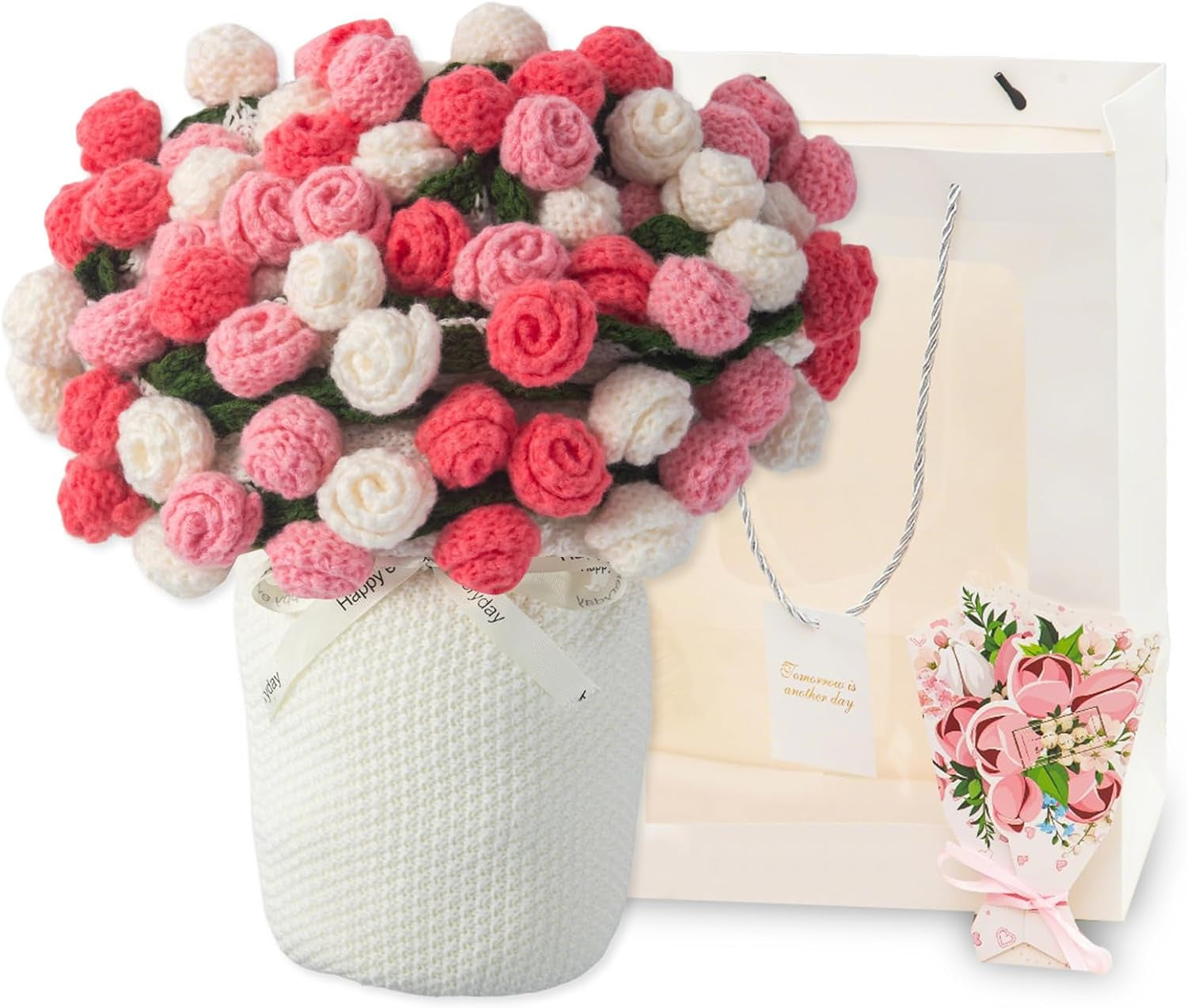 Crochet Flower Bouquet Blanket with Gift Bag & Custom Card, Handmade Knitted Throw Blanket for Mothers Day Valentine’S Day, Soft Crochet Floral Blanket for Home Decor
