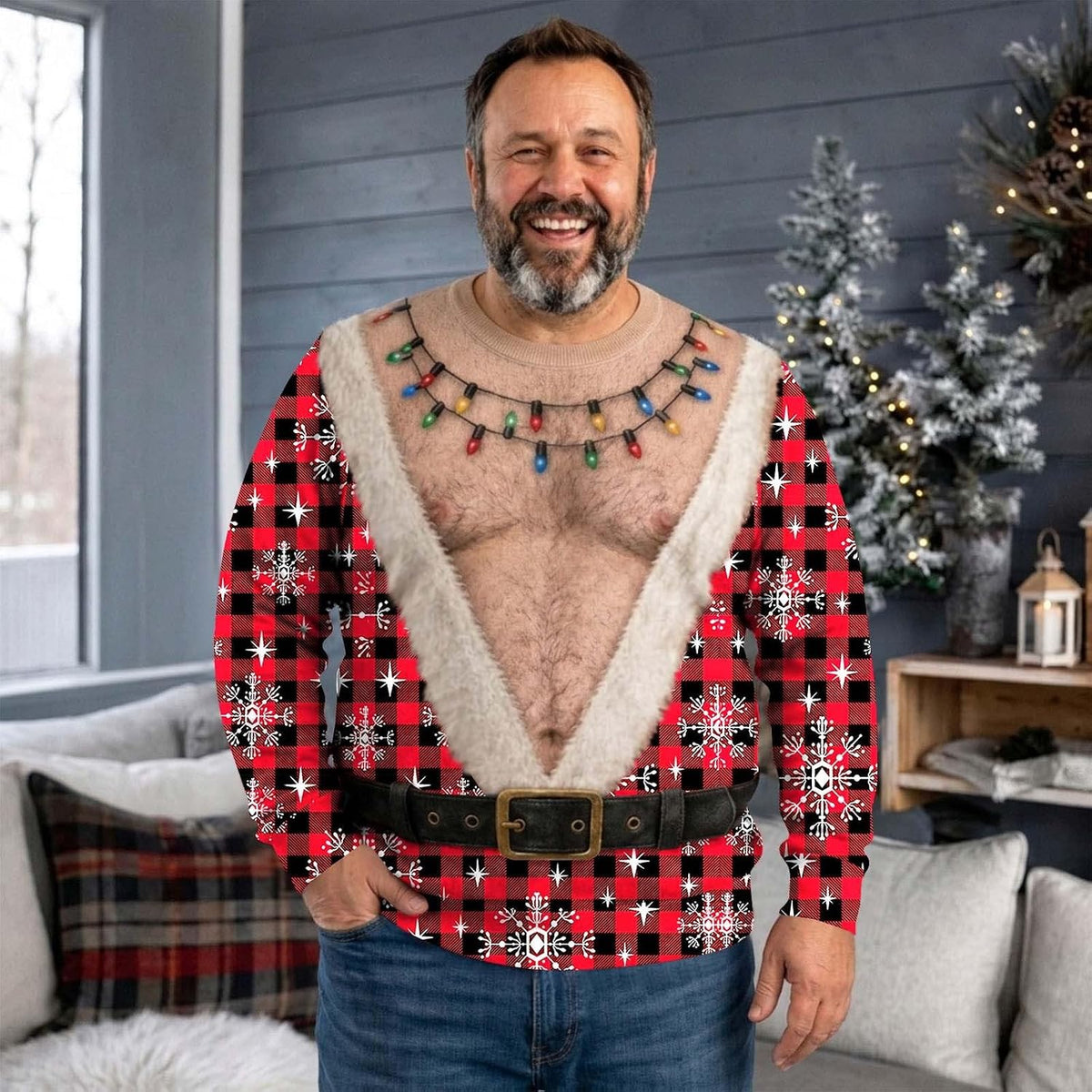 Ugly Christmas Sweater 2026 Funny 3D Christmas Santa Hairy Chest Sweatshirt