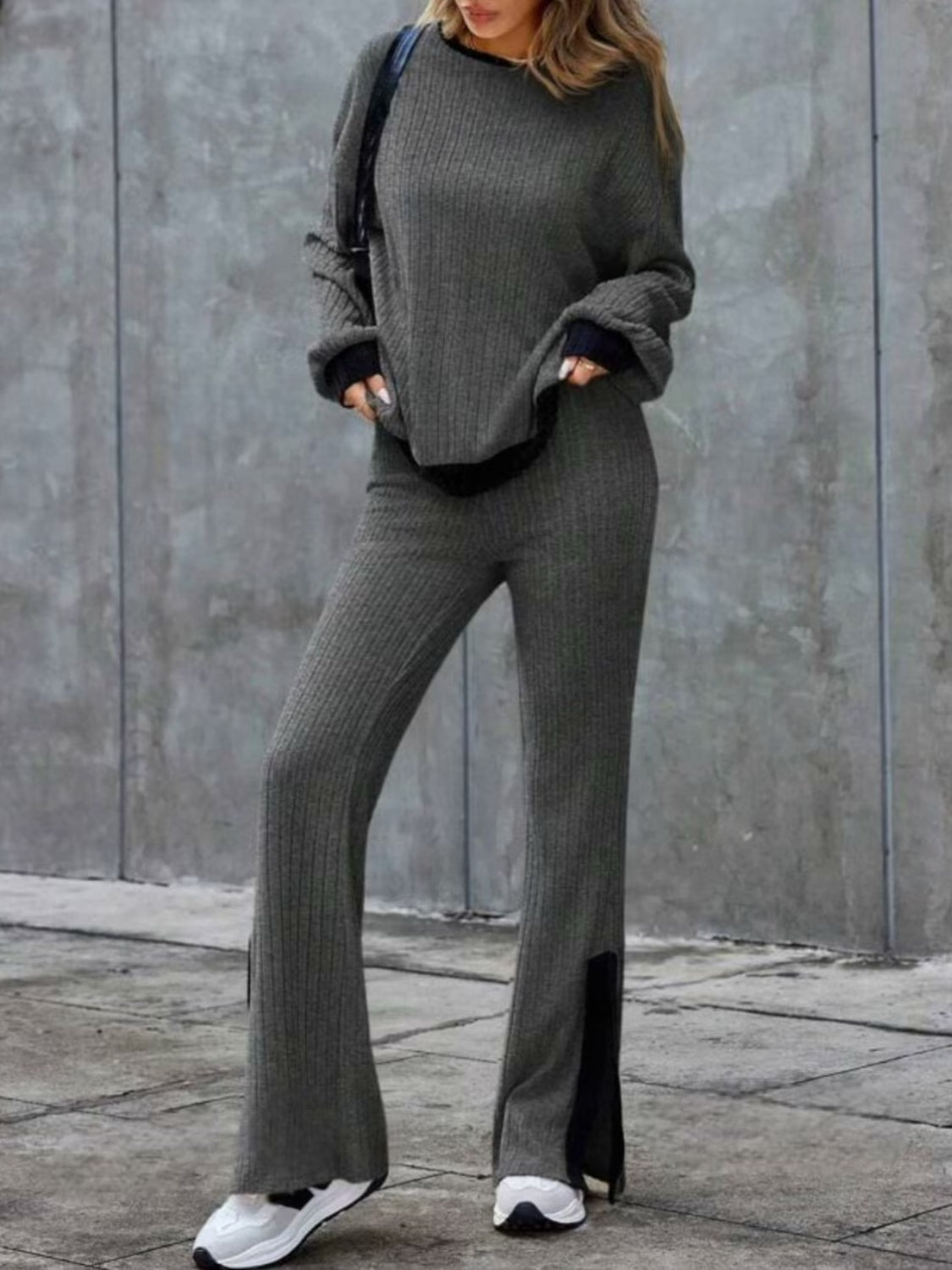 Contrast Round Neck Long Sleeve Top and Bootcut Pants Set Trendsi