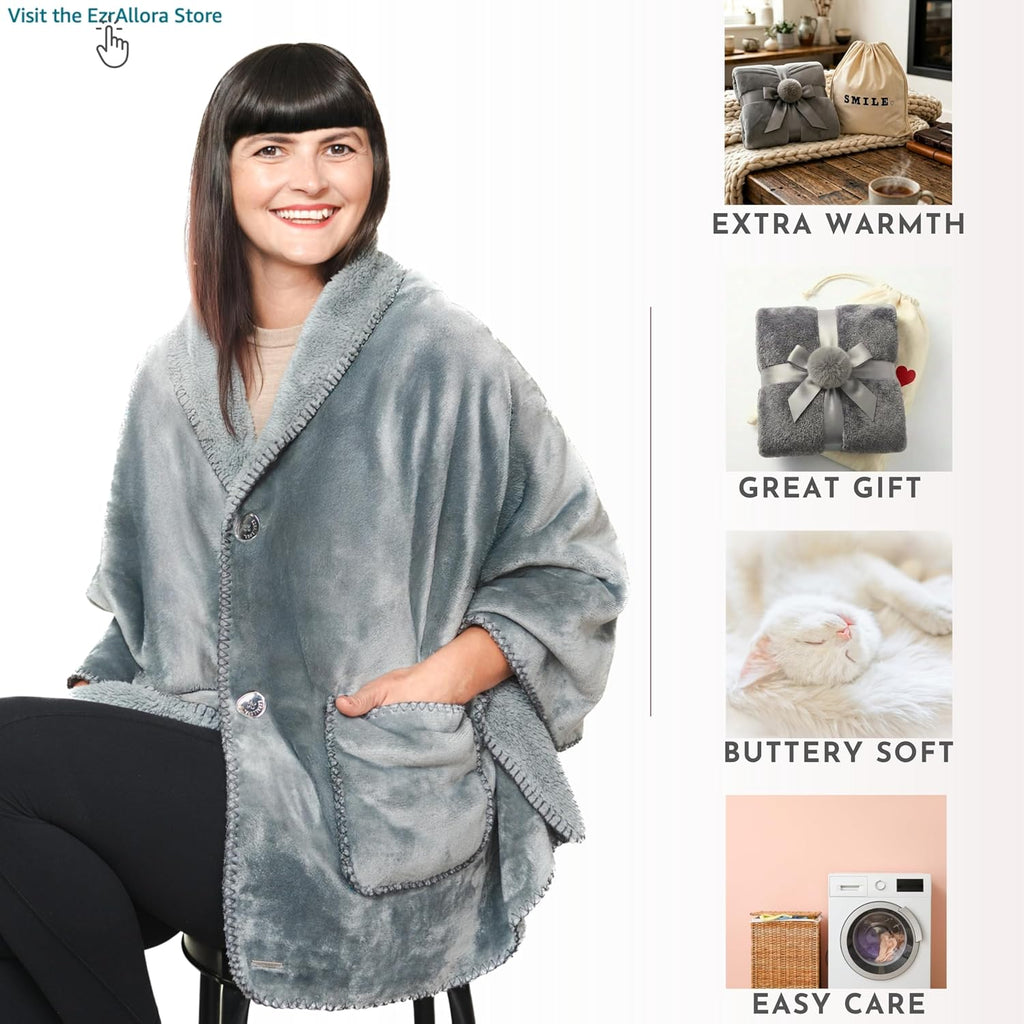 Original Premium Double Layer Poncho Blanket, No Sleeves, Sherpa (Grey)