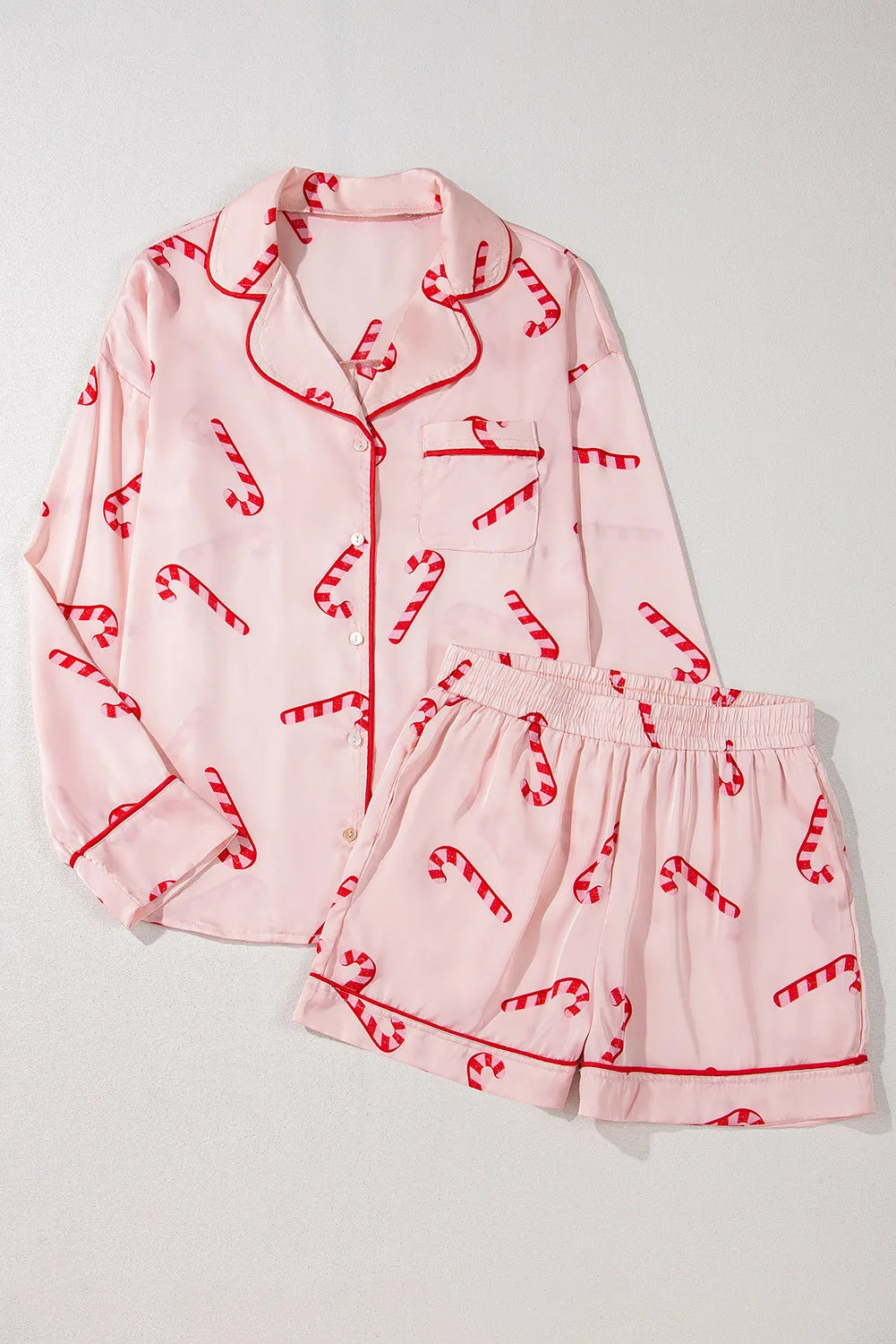 Candy Cane Collared Neck Long Sleeve Top and Shorts Lounge Set Trendsi