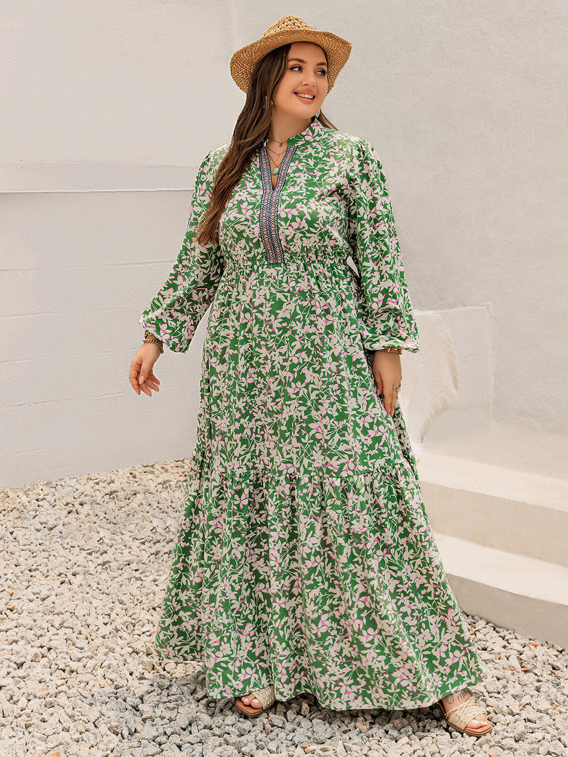 Plus Size Printed Notched Long Sleeve Maxi Dress Trendsi