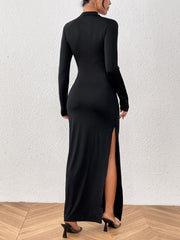 Honey Slit Mock Neck Long Sleeve Maxi Dress Trendsi