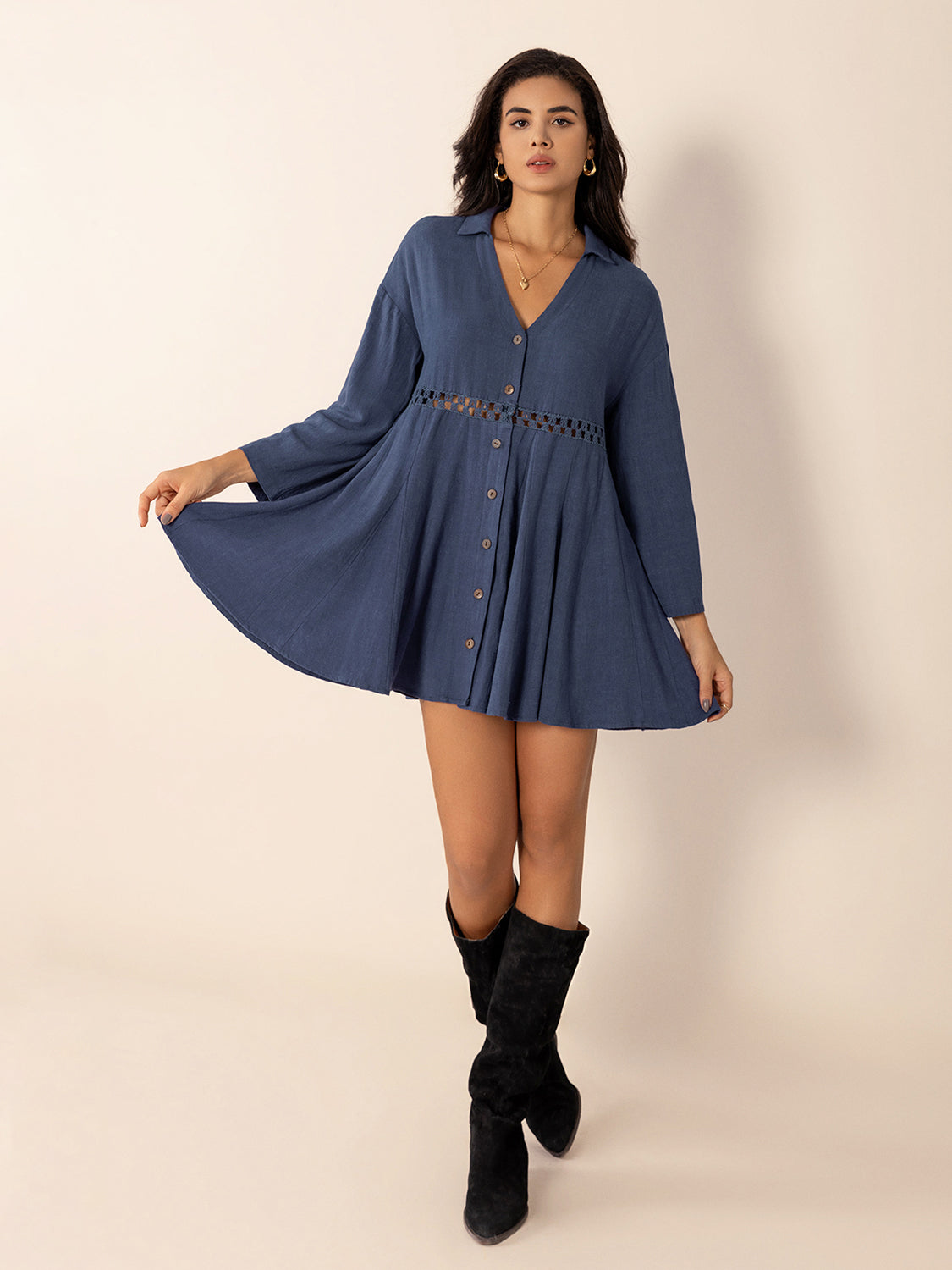 Cutout Johnny Collar Long Sleeve Mini Dress Trendsi