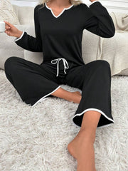 Contrast Trim Notched Long Sleeve Top and Pants Lounge Set Trendsi