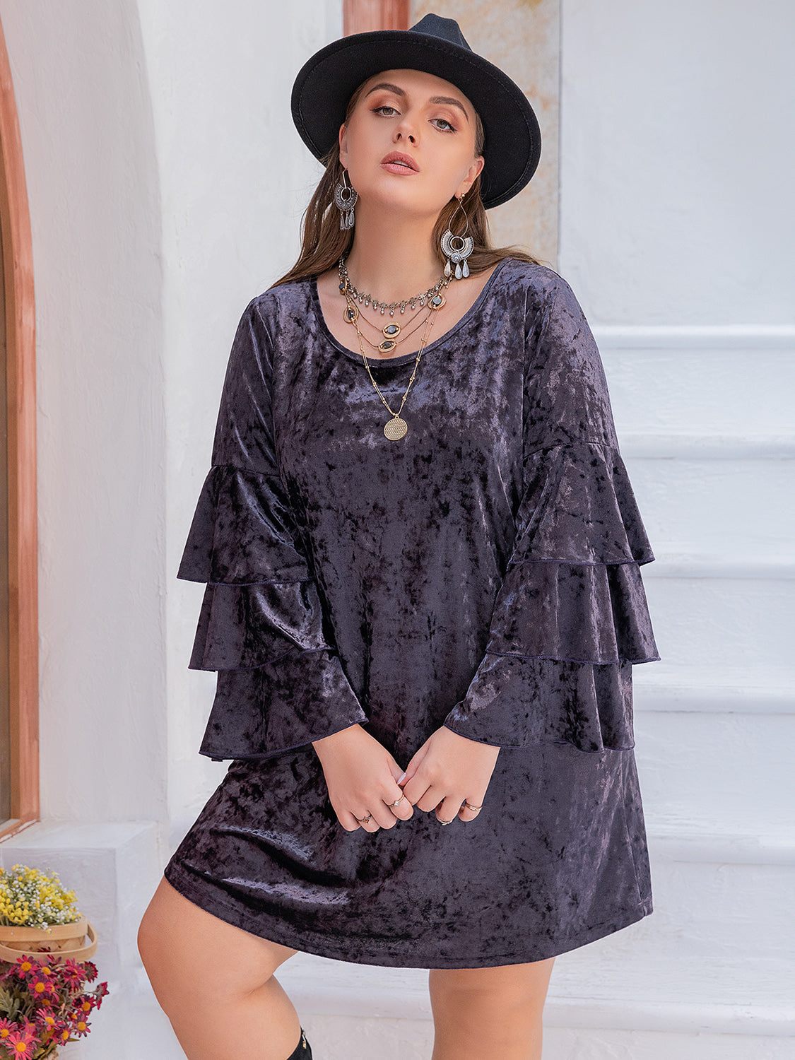 Plus Size Round Neck Flounce Sleeve Mini Dress Trendsi