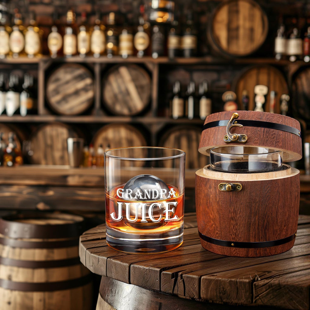 Grandpa Juice Whiskey Glass Set 12 Oz, Rocks Glasses Father'S Day Ideas in Barrel Box, Unique Bourbon Glass Gifts for Men, Best Grandpas, Grandfather, Birthday, Christmas