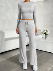 Round Neck Long Sleeve Top and Drawstring Pants Set Trendsi