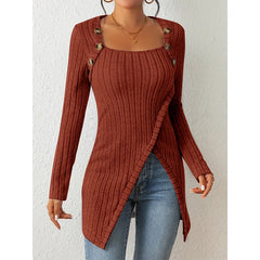 Woman Square Neck Off Shoulder Slit Sweater