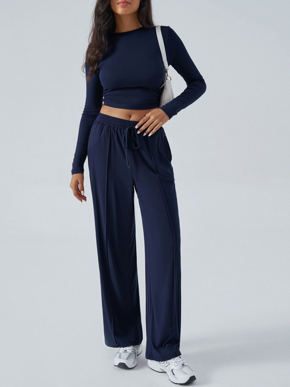 Devine Round Neck Long Sleeve Top and Pants Set Trendsi