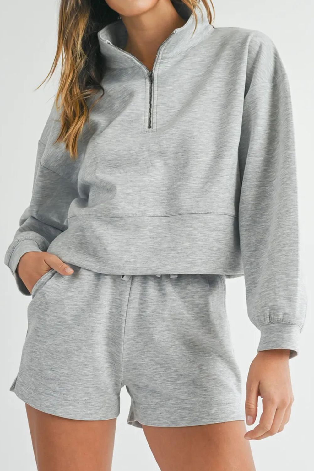 Half Zip Long Sleeve Top and Drawstring Shorts Set Trendsi