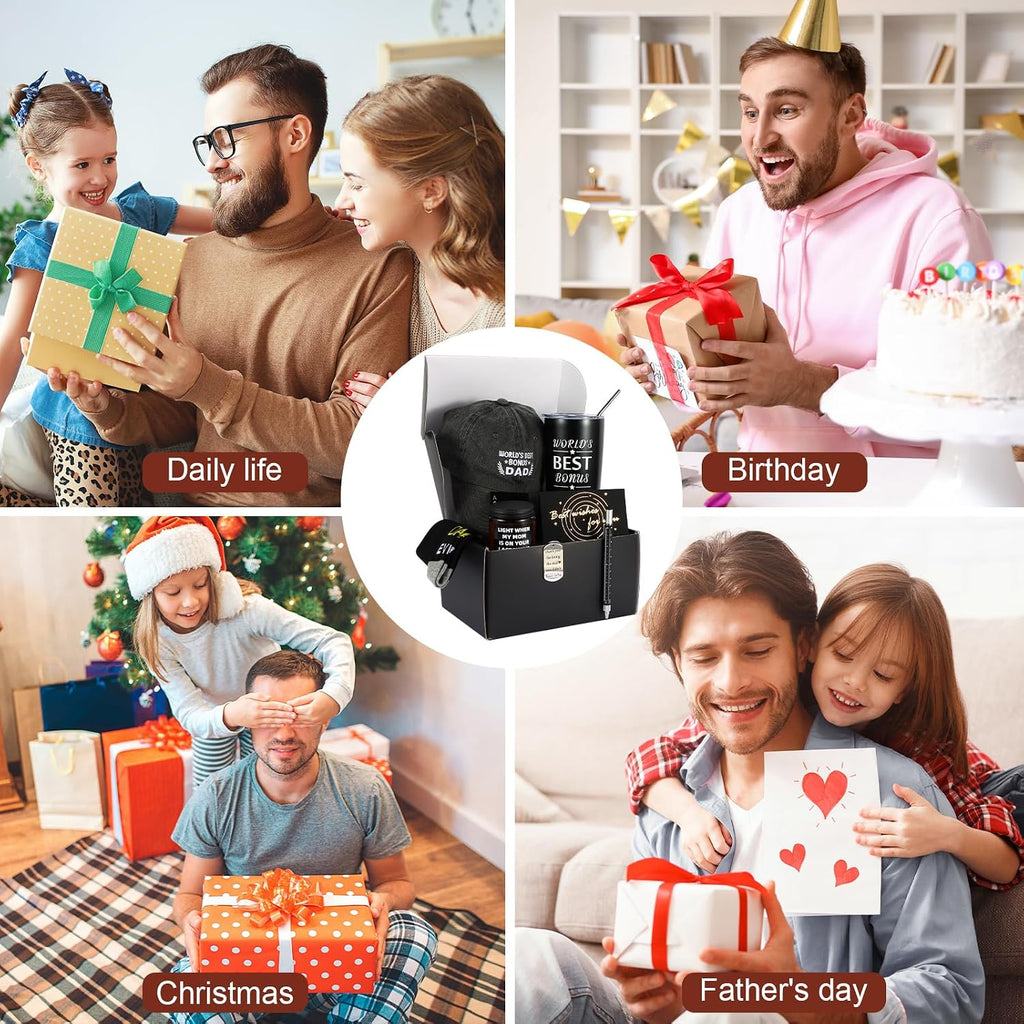 9 Pieces Bonus Dad Gift Set Best Bonus Dad Ever Gifts for Men with Tumbler Mens Socks Mens Baseball Cap Key Chain Card for Father Uncle for Christmas, Birthday