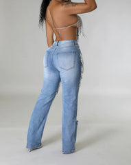 Plus Size Daily Jeans Casual Blue Pearls Denim Jeans【Free Shipping】