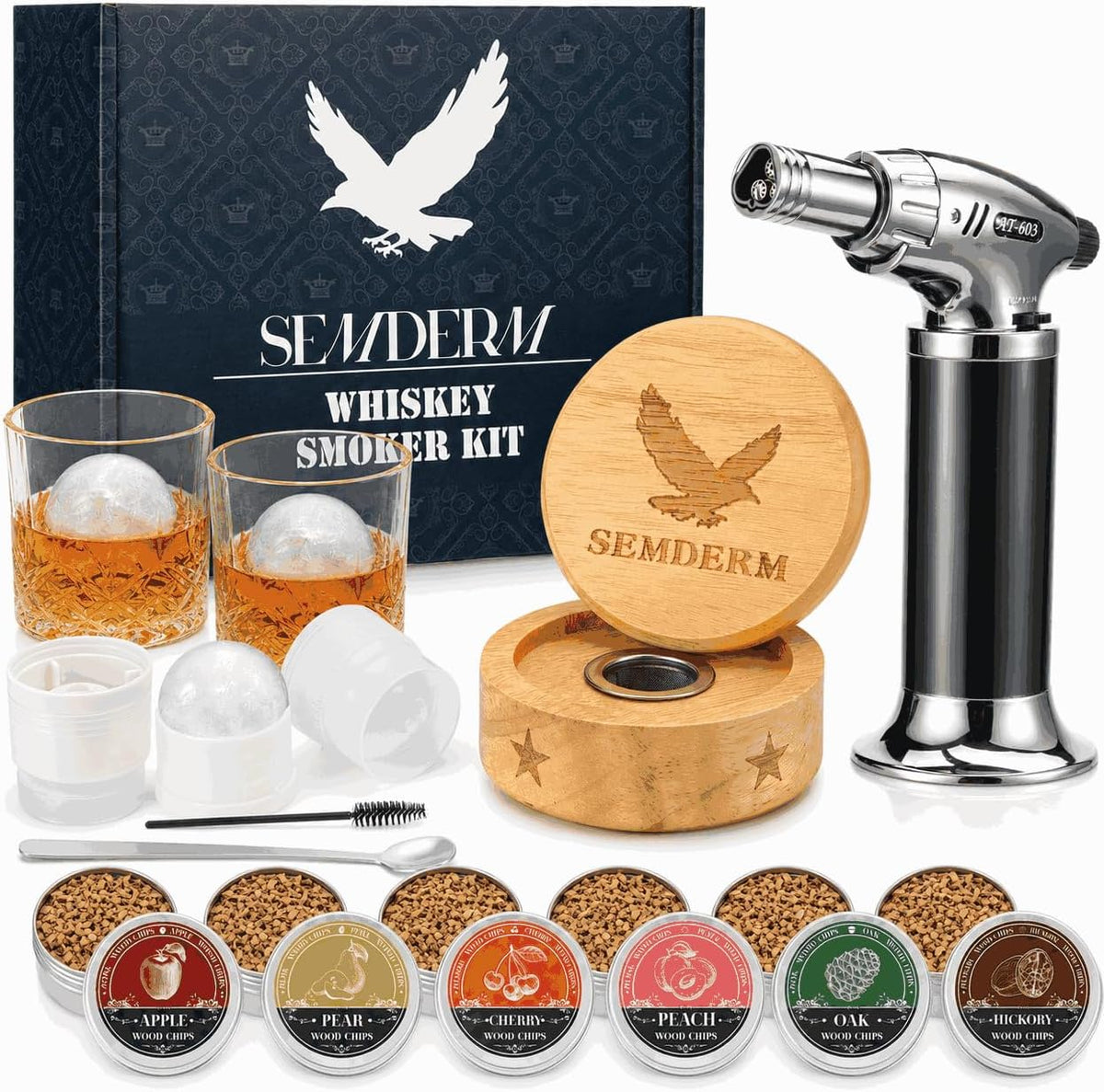 Bourbon Whiskey Smoker Kit with Torch - Old Fashioned Cocktail Smoker Kit with 2 Whiskey Glasses, 6 Wood Chips - Valentines Anniversary Birthday Gifts for Men Dad Husband Boyfriend (No Butane)