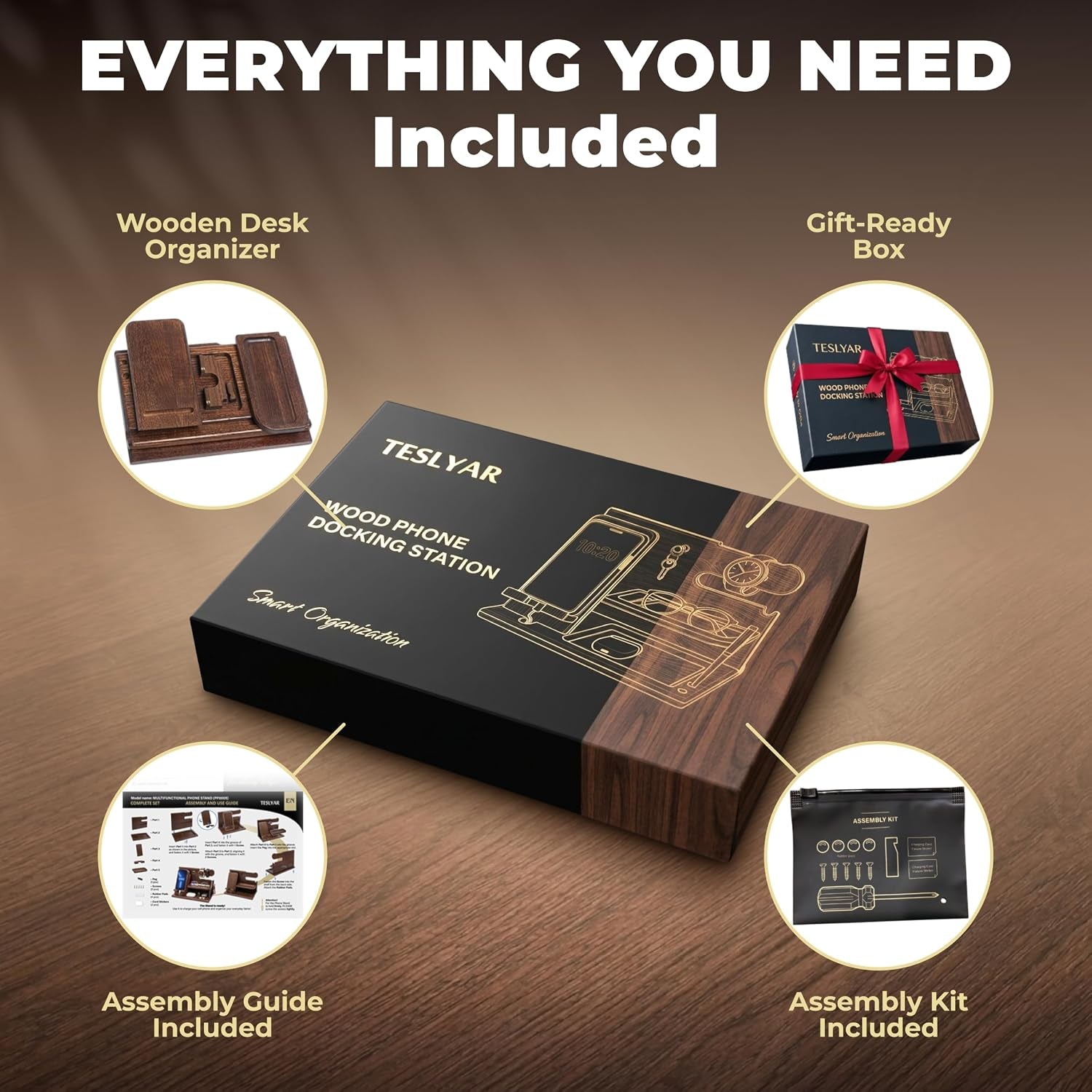 Wood Phone Docking Station for Men - Desk or Nightstand Organizer - Birthday Gifts for Husband, Dad - Anniversary Idea from Wife - Key Holder, Stand Wallet, Watch & Essentials (Bourbon Brown)