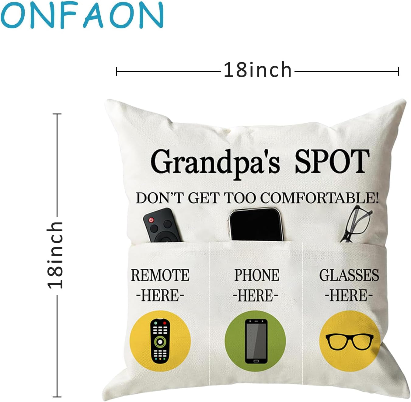 Grandpa Gifts,Grandpa'S Spot Throw Pillow Covers 18X18 Inch,Put Phone Glasses and Remote Control Pillowcase,Birthday Christmas Thanksgiving Day Gifts for Grandpa Stepdad,3-Pocket