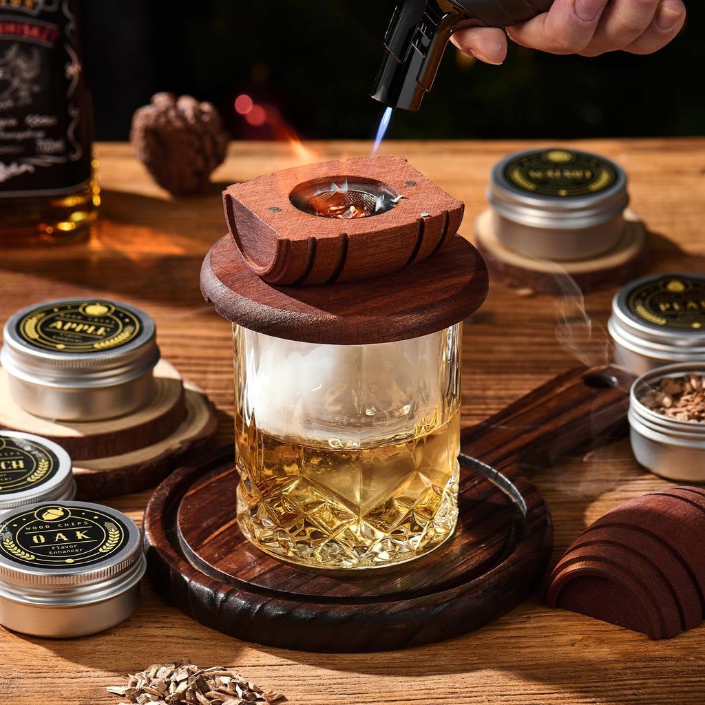 Whiskey Smoker Kit with Torch - 6 Flavors Wood Chips, 2 Glasses, 2 Ice Ball Molds - Cocktail Smoker Infuser Kit, Old Fashioned Drink Smoker Kit, Birthday Bourbon Whiskey Gifts for Men,Dad(No Butane)