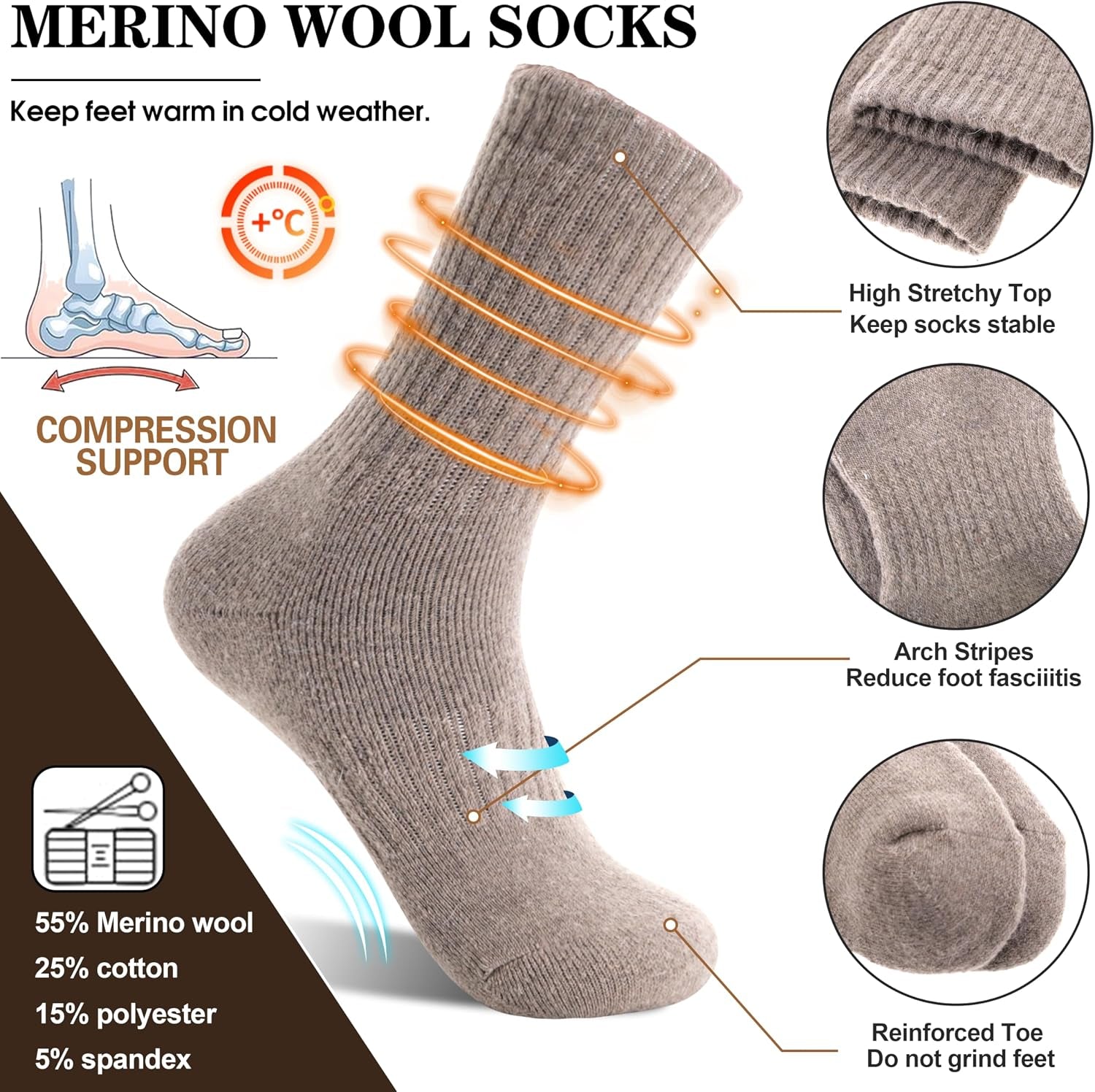 5 Pairs Womens Merino Wool Socks Hiking Warm Winter Thick Thermal Crew Cozy Cabin Ladies Gift Comfy Boot Work Socks