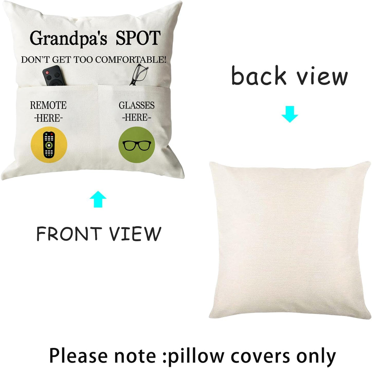 Grandpa Gifts,Grandpa'S Spot Throw Pillow Covers 18X18 Inch,Put Phone Glasses and Remote Control Pillowcase,Birthday Christmas Thanksgiving Day Gifts for Grandpa Stepdad,3-Pocket