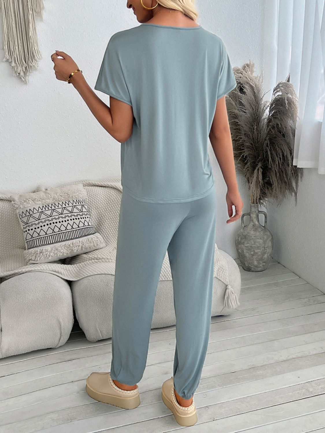 Devine V-Neck Short Sleeve Top and Pants Set Trendsi