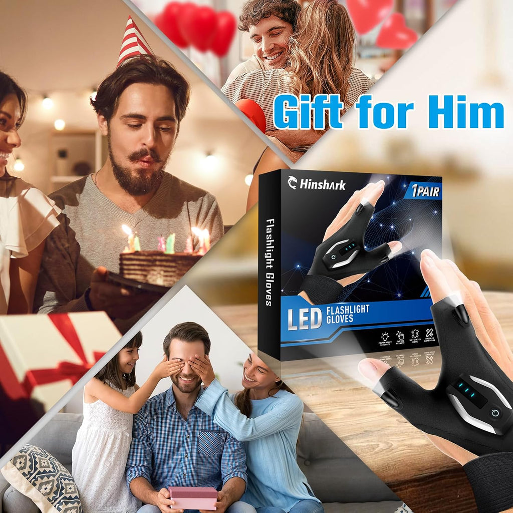 Gifts for Men LED Flashlight Gloves, Anniversary Birthday Gifts for Men Dad Him Husband Boyfriend, Dad Gifts for Fishing Auto Repair, Camping Essentials Cool Gadgets Tools for Men