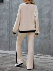 Contrast Round Neck Long Sleeve Top and Bootcut Pants Set Trendsi