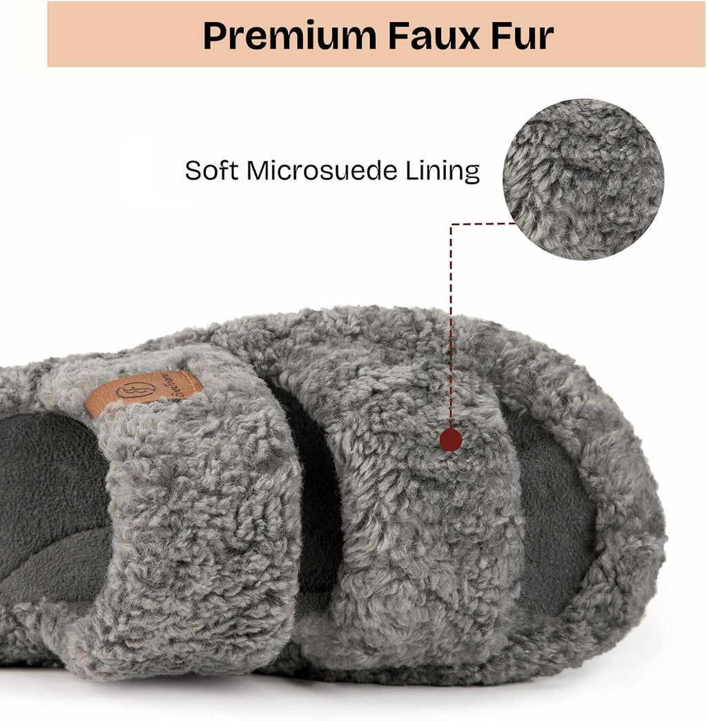 Womens Fuzzy Open-Toe Slippers Memory Foam Indoor House Shoes