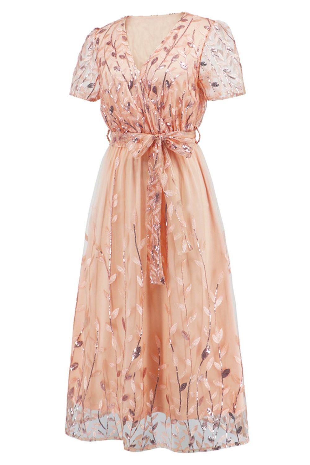 Sequin Leaf Embroidery Tie Front Short Sleeve Dress Trendsi