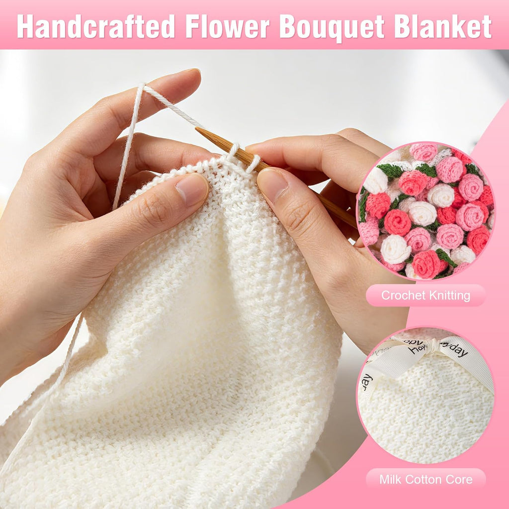 Crochet Flower Bouquet Blanket with Gift Bag & Custom Card, Handmade Knitted Throw Blanket for Mothers Day Valentine’S Day, Soft Crochet Floral Blanket for Home Decor