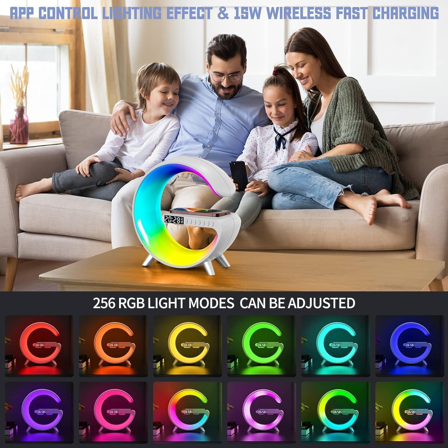 Smart LED Table Lamp, 4-In-1 Wireless Charger, Night Light, Alarm Clock, Bluetooth Speaker with App Control, Bedside Lamp with Charging Station for Bedroom, Office, Home Decor, Teen Girls Boys Gifts