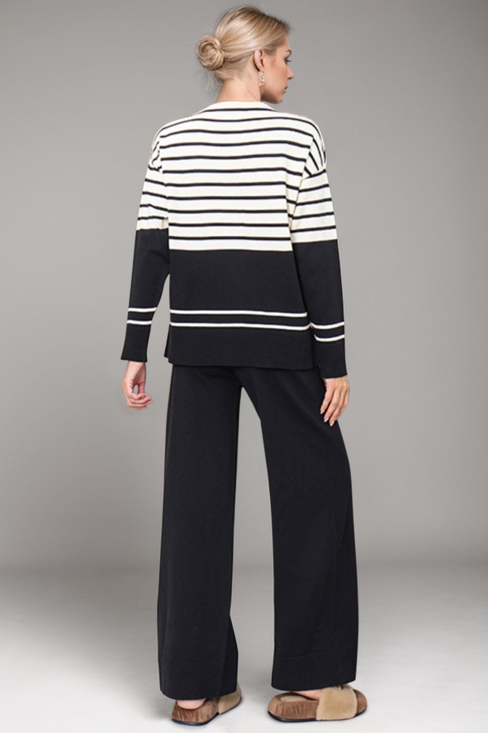 Basic Bae Striped Round Neck Long Sleeve Top and Pants Sweater Set Trendsi