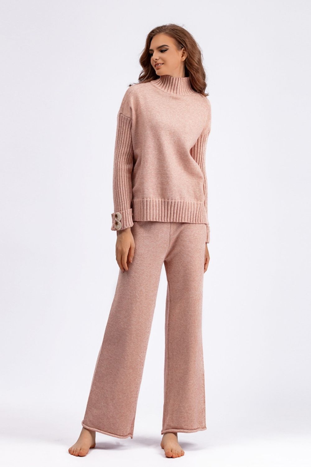 Basic Bae High- Low Turtleneck Long Sleeve Top and Pants Sweater Set Trendsi