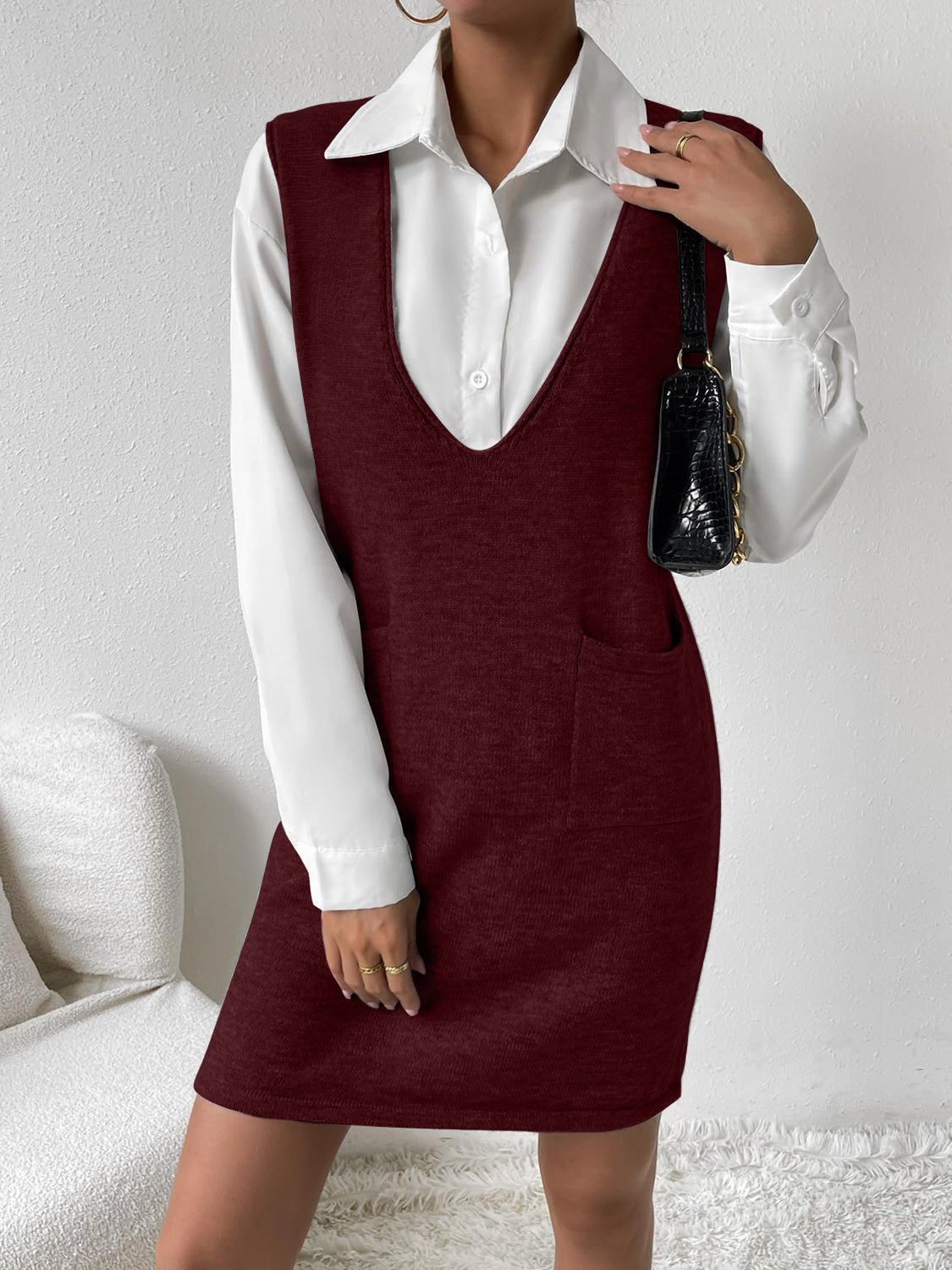 V-Neck Sleeveless Sweater Dress with Pockets Trendsi