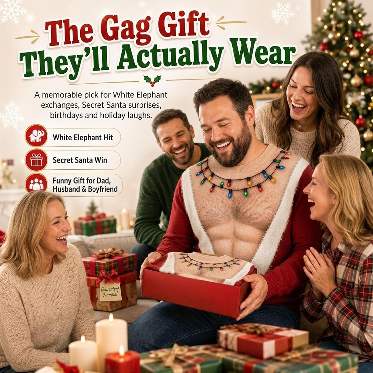 Men Ugly Christmas Sweater 3D Chest Hairy Santa Funny Sweatshir