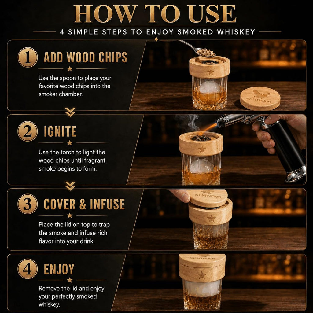 Bourbon Whiskey Smoker Kit with Torch - Old Fashioned Cocktail Smoker Kit with 2 Whiskey Glasses, 6 Wood Chips - Valentines Anniversary Birthday Gifts for Men Dad Husband Boyfriend (No Butane)