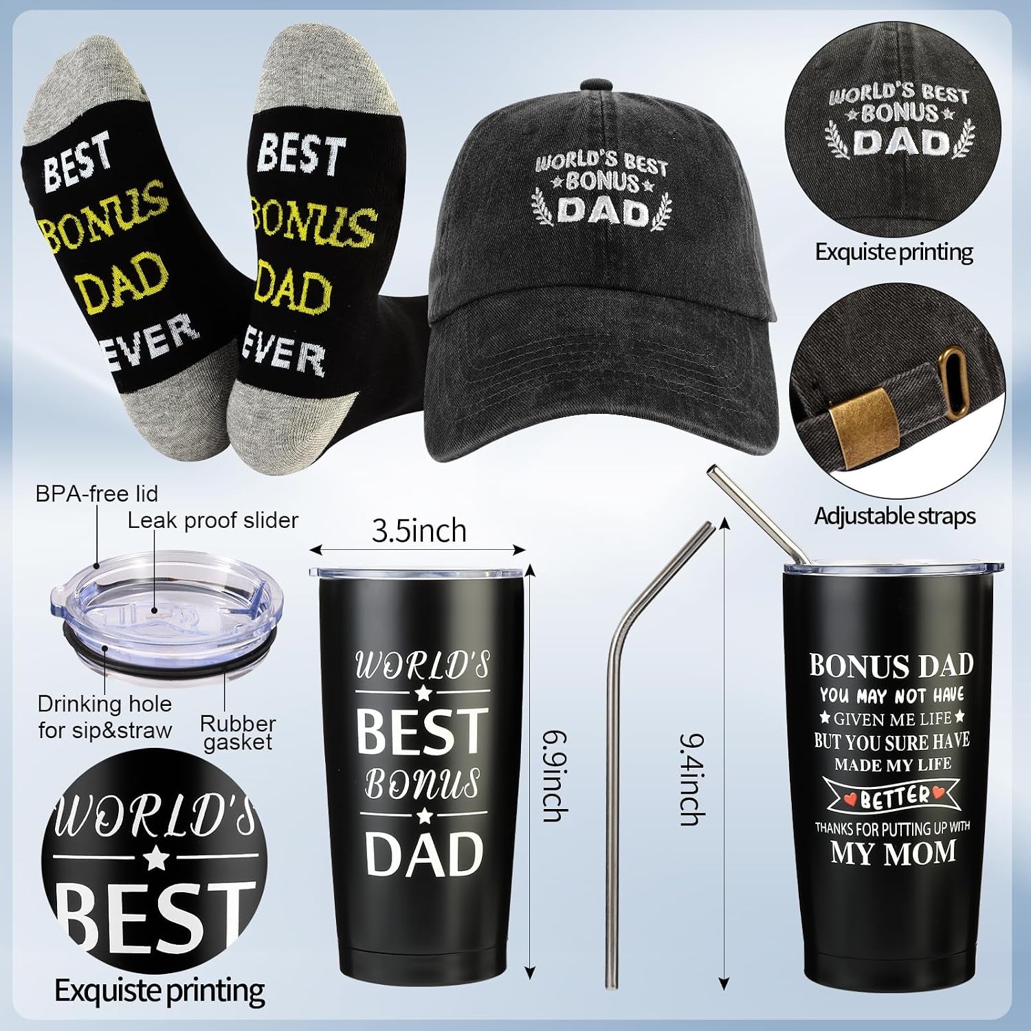 9 Pieces Bonus Dad Gift Set Best Bonus Dad Ever Gifts for Men with Tumbler Mens Socks Mens Baseball Cap Key Chain Card for Father Uncle for Christmas, Birthday