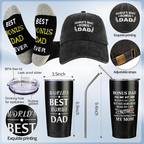 9 Pieces Bonus Dad Gift Set Best Bonus Dad Ever Gifts for Men with Tumbler Mens Socks Mens Baseball Cap Key Chain Card for Father Uncle for Christmas, Birthday