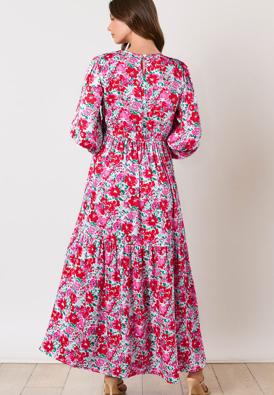 Printed Round Neck Lantern Sleeve Maxi Dress Trendsi