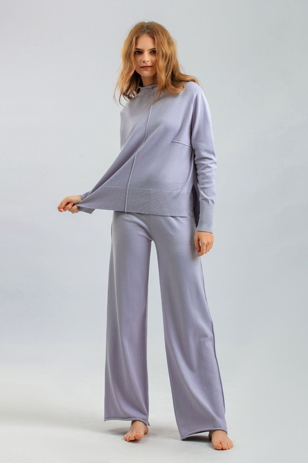 Basic Bae Mock Neck Long Sleeve Top and Pants Sweater Set Trendsi