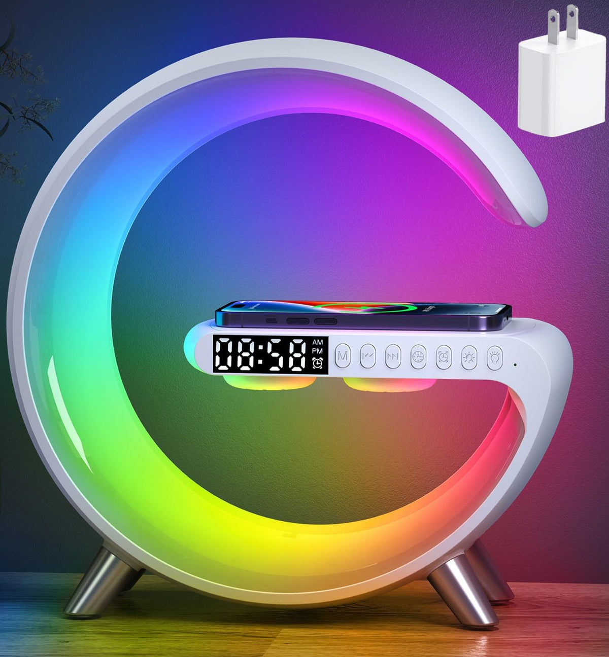 Smart LED Table Lamp, 4-In-1 Wireless Charger, Night Light, Alarm Clock, Bluetooth Speaker with App Control, Bedside Lamp with Charging Station for Bedroom, Office, Home Decor, Teen Girls Boys Gifts