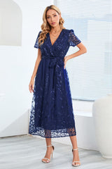 Sequin Leaf Embroidery Tie Front Short Sleeve Dress Trendsi