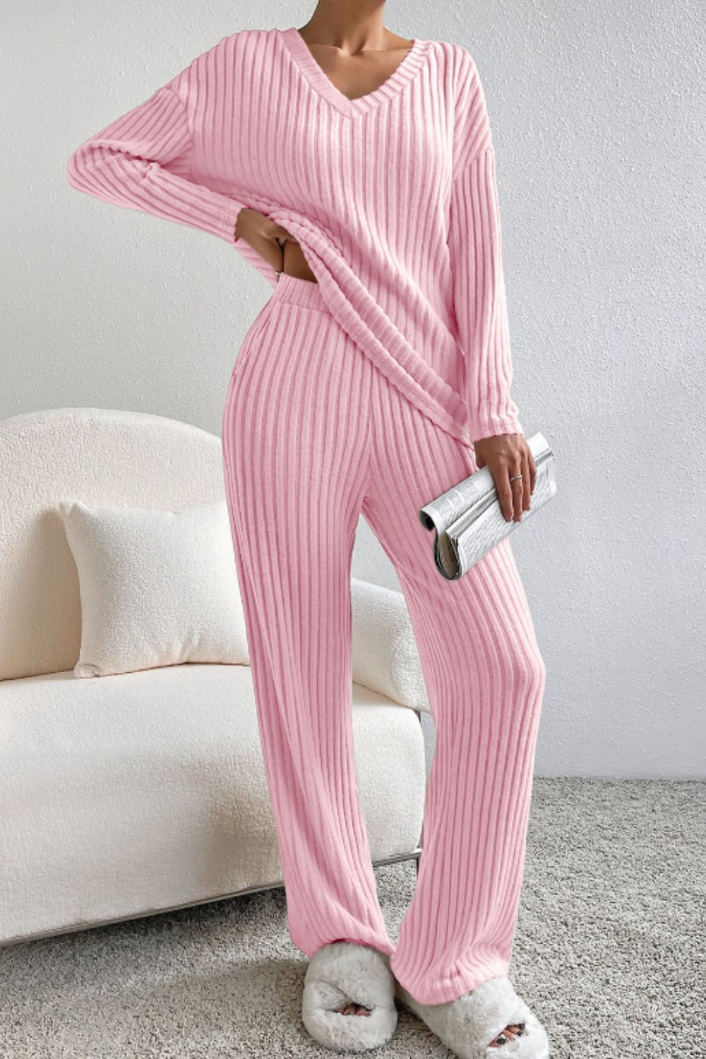 Ribbed V-Neck Top and Pants Lounge Set Trendsi