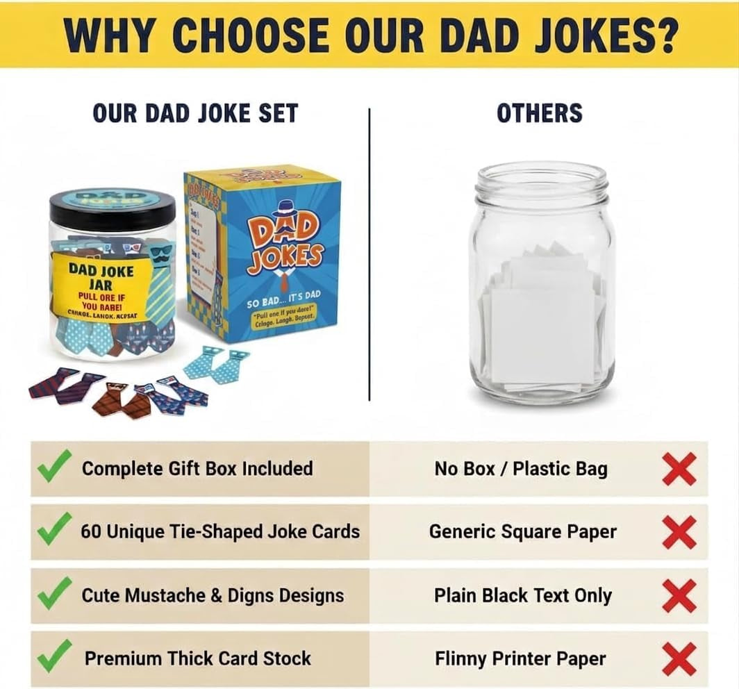 60 Dad Jokes Jar, Funny Dad Birthday Gift, Gag Gifts for Men