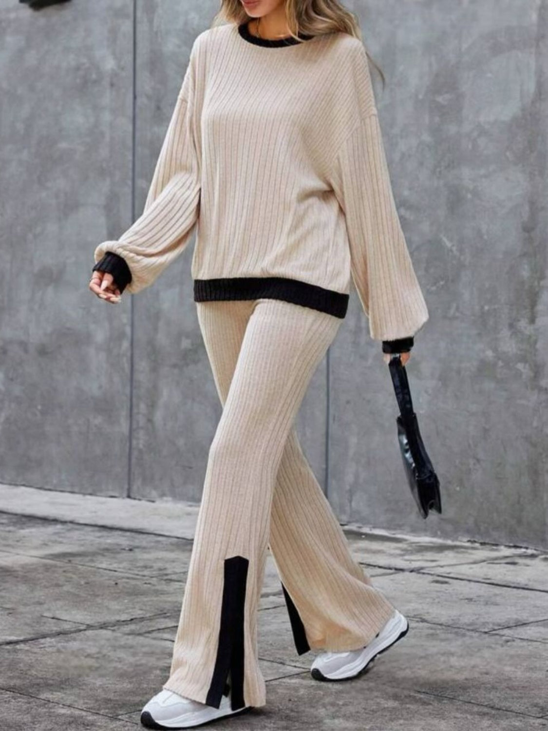 Contrast Round Neck Long Sleeve Top and Bootcut Pants Set Trendsi