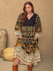 Plus Size Floral V-Neck Balloon Sleeve Midi Dress Trendsi