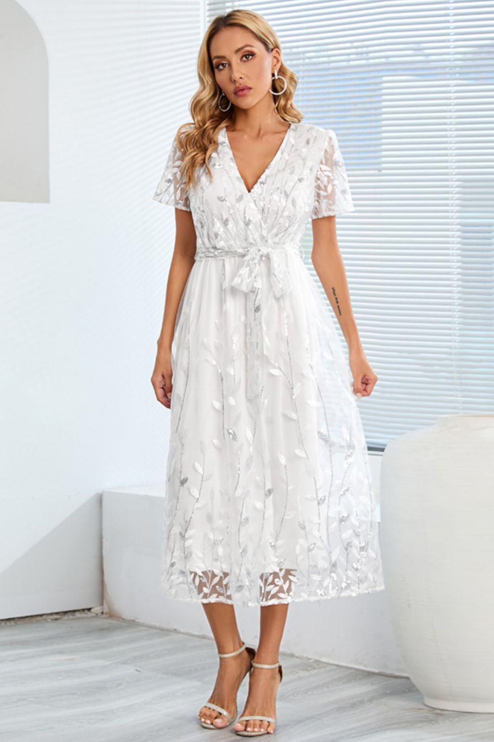 Sequin Leaf Embroidery Tie Front Short Sleeve Dress Trendsi