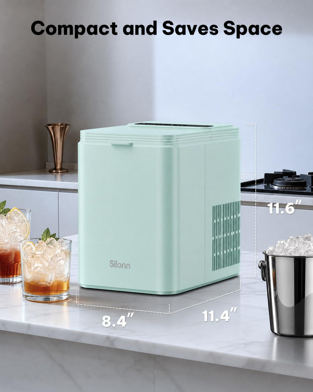 Silonn Ice Maker Countertop, Portable Ice Machine with Carry Handle, Self-Cleaning Ice Makers with Basket and Scoop, 9 Cubes in 6 Mins, 26 lbs per Day, Ideal for Home, Kitchen, Camping, RV
